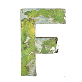 Wooden letter F made out of old fishing boats
