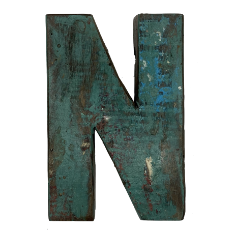 Wooden letter N made out of old fishing boats