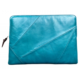 Leren laptop hoes Lucas patchwork 16 inch turquoise/donkerbruin